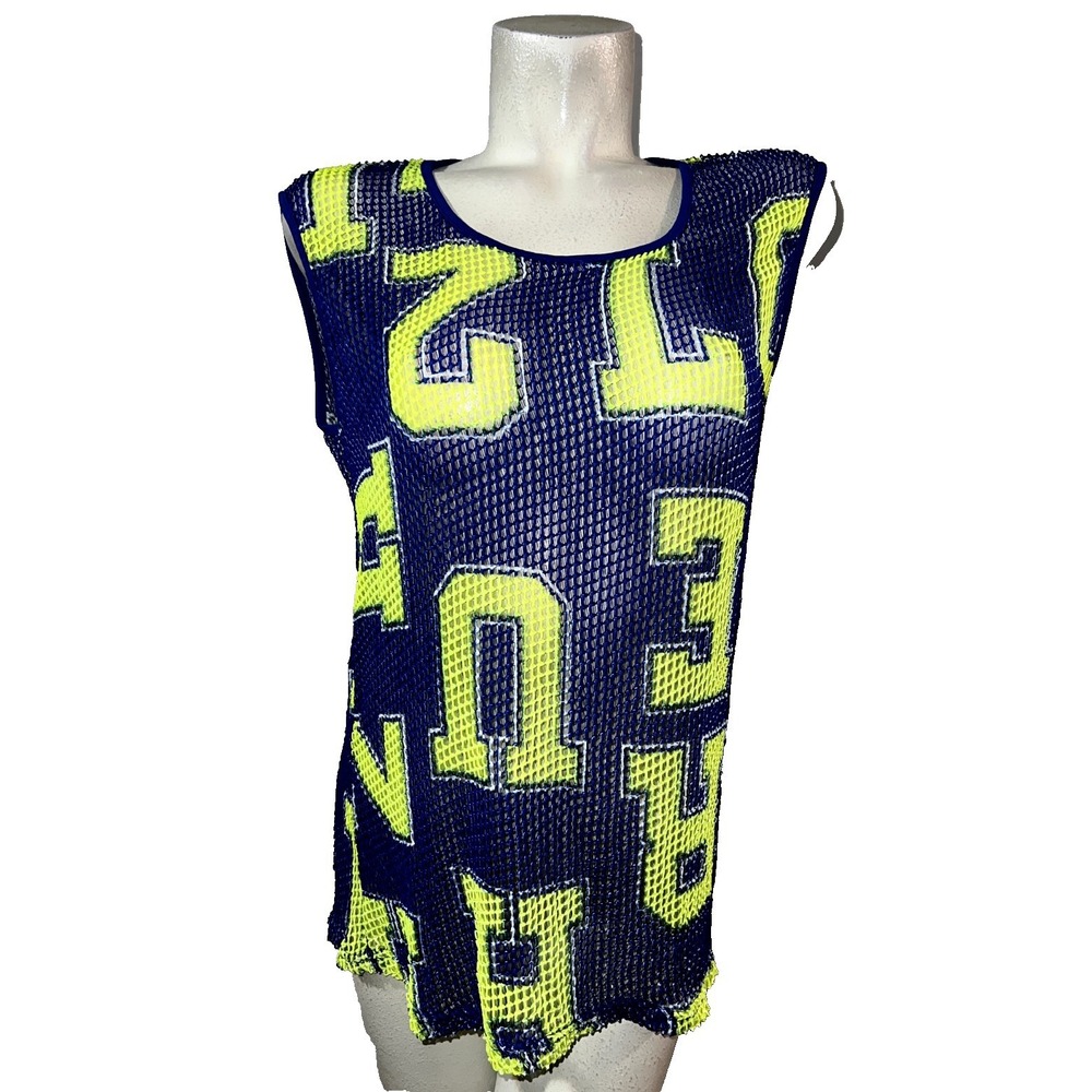 Hot & Delicious Womens Neon Yellow Blue Graphic Mesh Tank Top Size M NWT